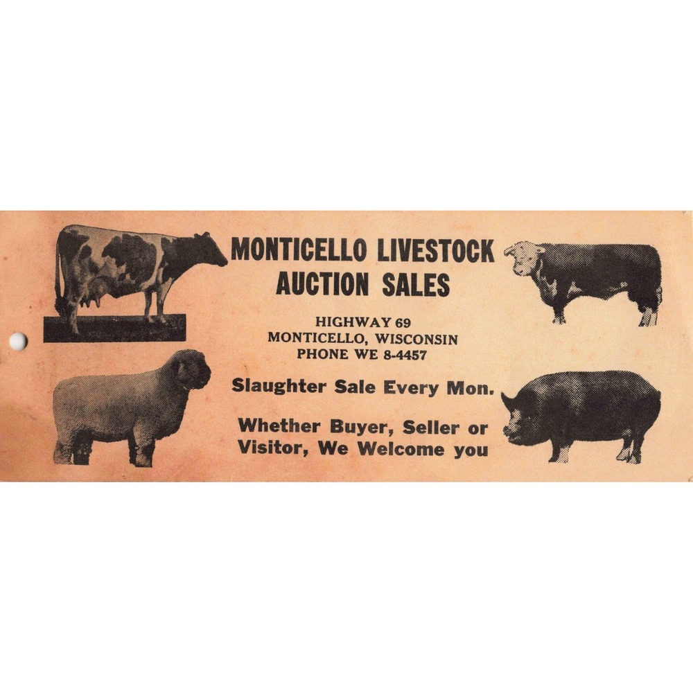 Vintage 1950s Monticello Livestock Auction Tag Wisconsin Cow Pig Sheep Bull - Picture 1 of 2